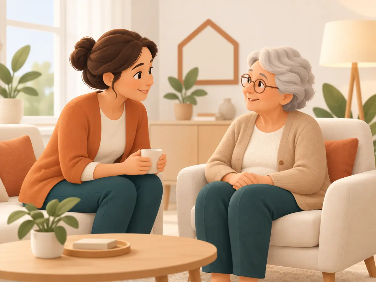 Illustration d’un échange entre une professionnelle de l’aide à domicile et une personne âgée
